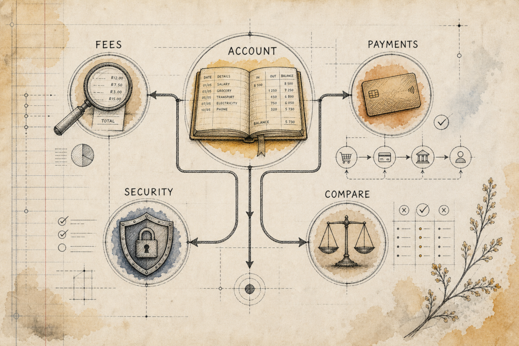 Hand-drawn everyday banking blueprint showing accounts, fees, payments, security and comparison