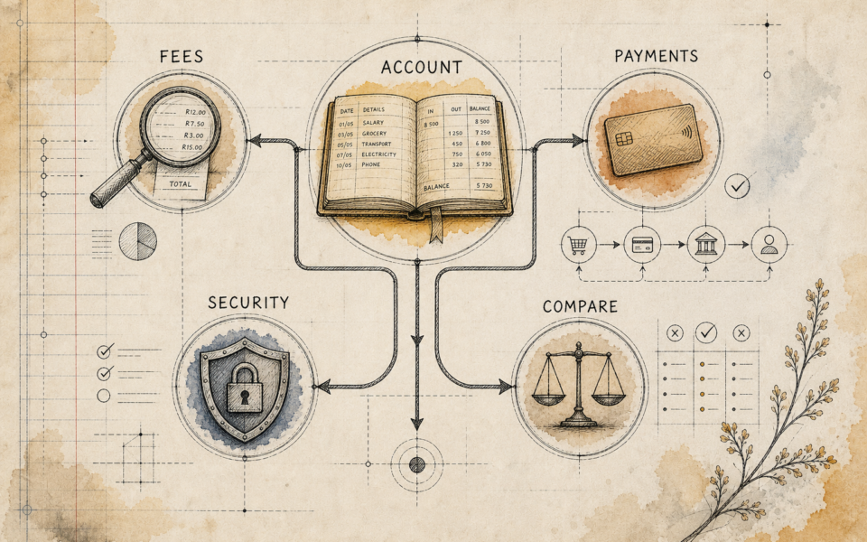 Hand-drawn everyday banking blueprint showing accounts, fees, payments, security and comparison