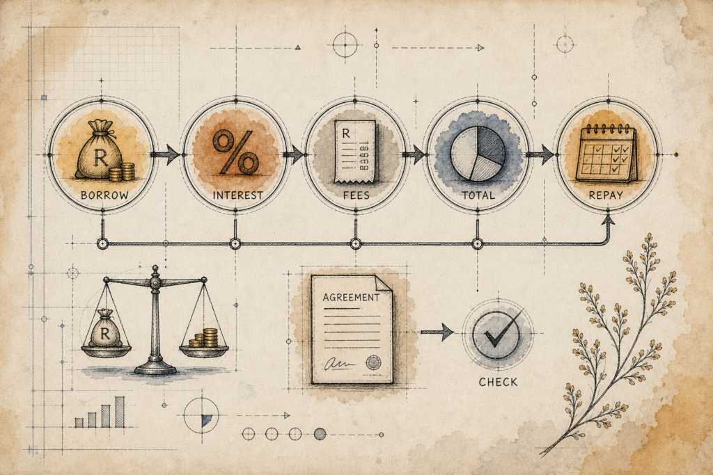 Hand-drawn debt blueprint showing borrowing, interest, fees, total cost and repayment