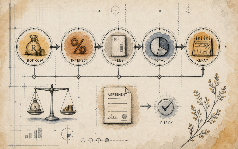 Hand-drawn debt blueprint showing borrowing, interest, fees, total cost and repayment