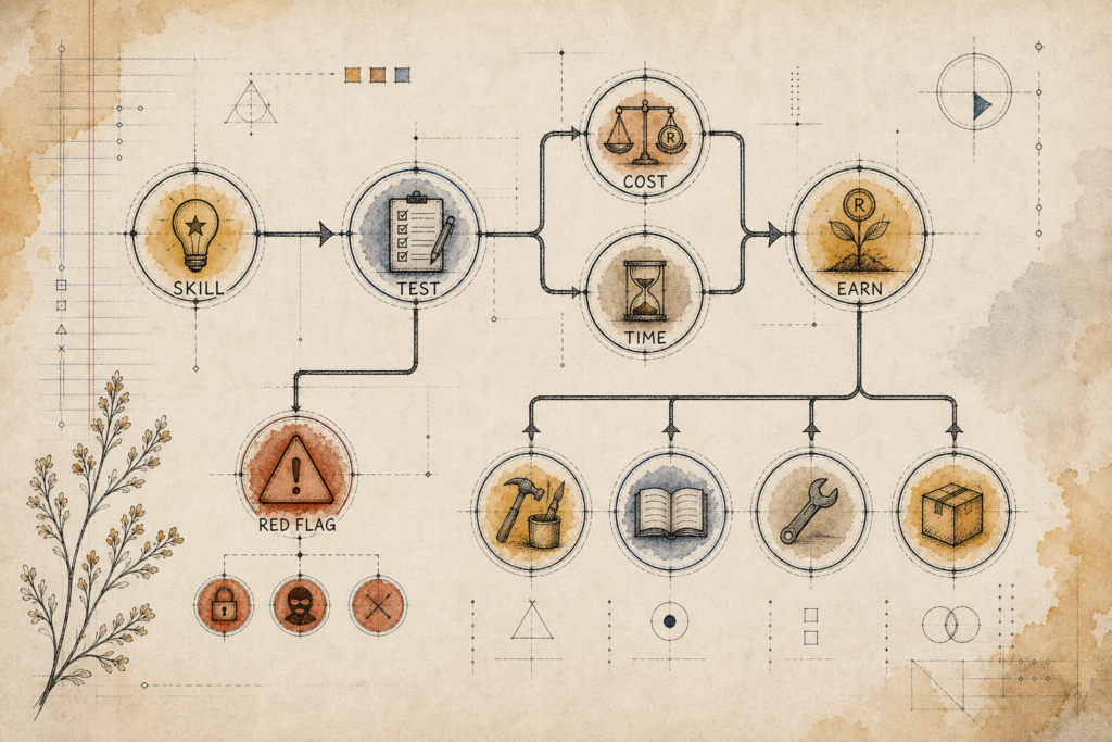 Hand-drawn earning blueprint showing skills, testing, costs, time, income routes and scam warnings
