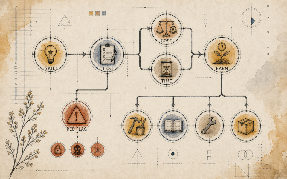 Hand-drawn earning blueprint showing skills, testing, costs, time, income routes and scam warnings