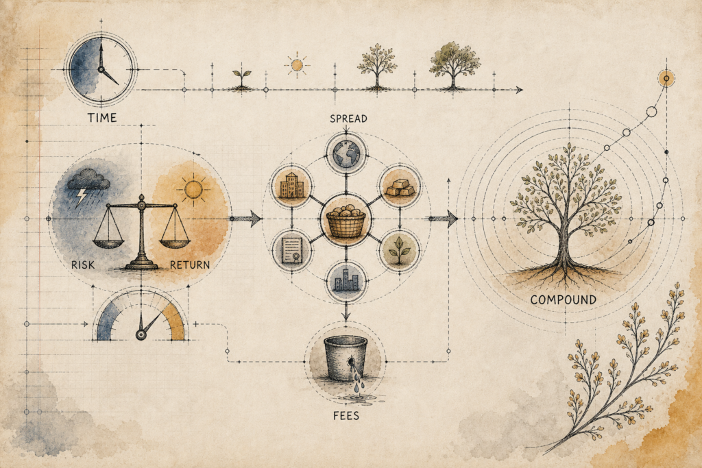 Hand-drawn investing blueprint showing time, risk, return, diversification, fees and compounding