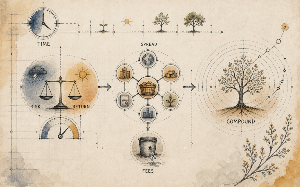Hand-drawn investing blueprint showing time, risk, return, diversification, fees and compounding
