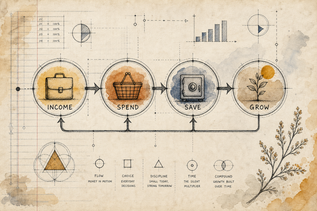 Hand-drawn blueprint showing income, spending, saving and long-term growth