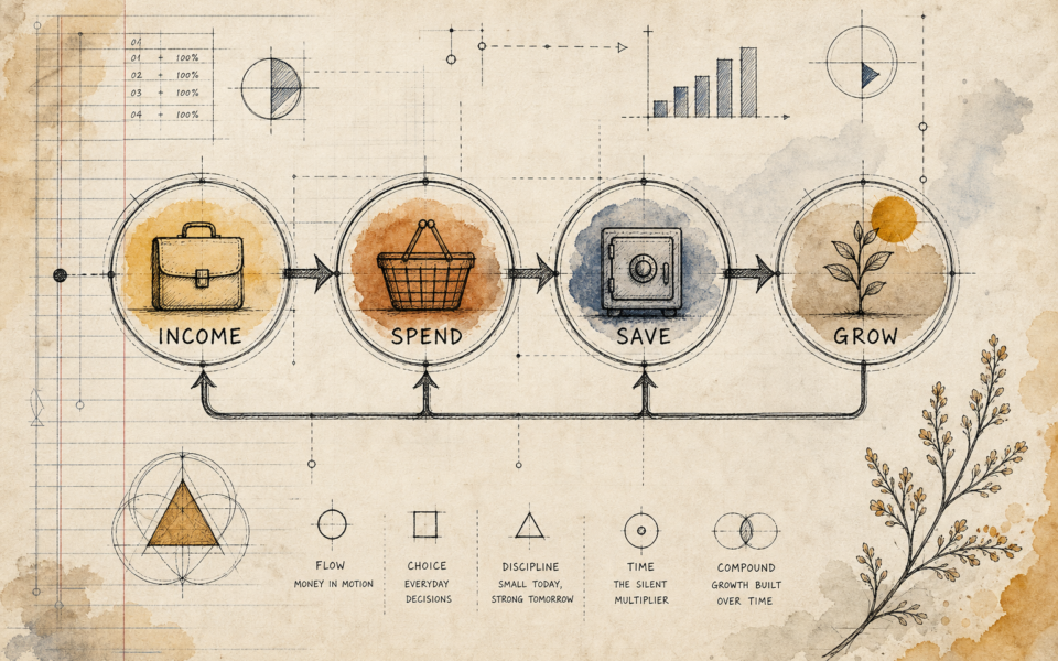 Hand-drawn blueprint showing income, spending, saving and long-term growth