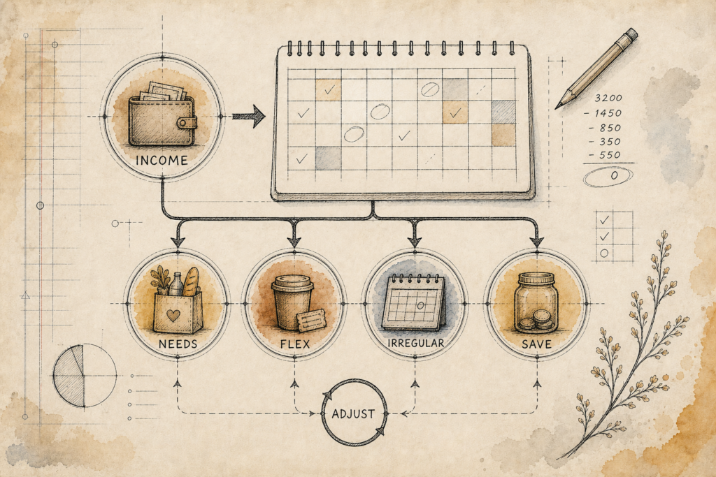 Hand-drawn budgeting blueprint linking income, needs, flexible costs, irregular expenses and saving