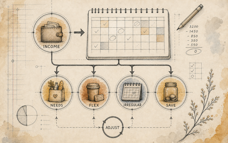 Hand-drawn budgeting blueprint linking income, needs, flexible costs, irregular expenses and saving